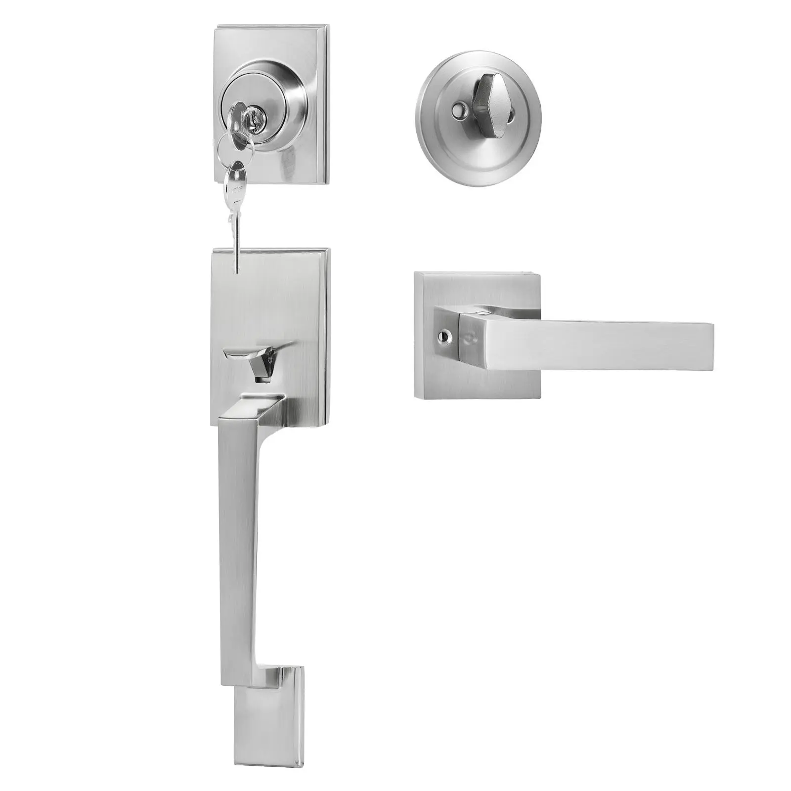 【Auction】VEVOR Front Door Handle and Deadbolt Set, Square Entry Handle Set with Lever, Single Cylinder, Adjustable Hole Space, Reversible for Right and Left Handed Entrance and Front Doors, Satin Nickel