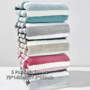 5Pcs Wide Striped Premium Towel Set - Highly Absorbent, Multiple Colors Available, Essential for Home Face Washing, Bathing & Body Drying