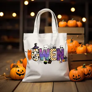 Kids Name Trick or Treat Bag, Personalized Fun Halloween Tote Bag, Candy Bag, 15x15 Natural Canvas Tote Bag, Durable Washable Reusable, Halloween Gift for Kids