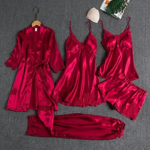 Women's 5-Piece Silk Lace Satin Loungewear Set, Long Sleeve Robe, V-Neck Cami Nighties, Plus Size Lady Clothes, Spring Home Sleepwear Gift