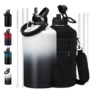 Insulated Water Bottle 128oz - 32 40 64 128 oz Stainless Steel Water Bottles with Straw & Spout Lids, Paracord Handle, Carrier Bag with Strap, Protective Cup Mat, Keep Cold-48H & Hot-12H
