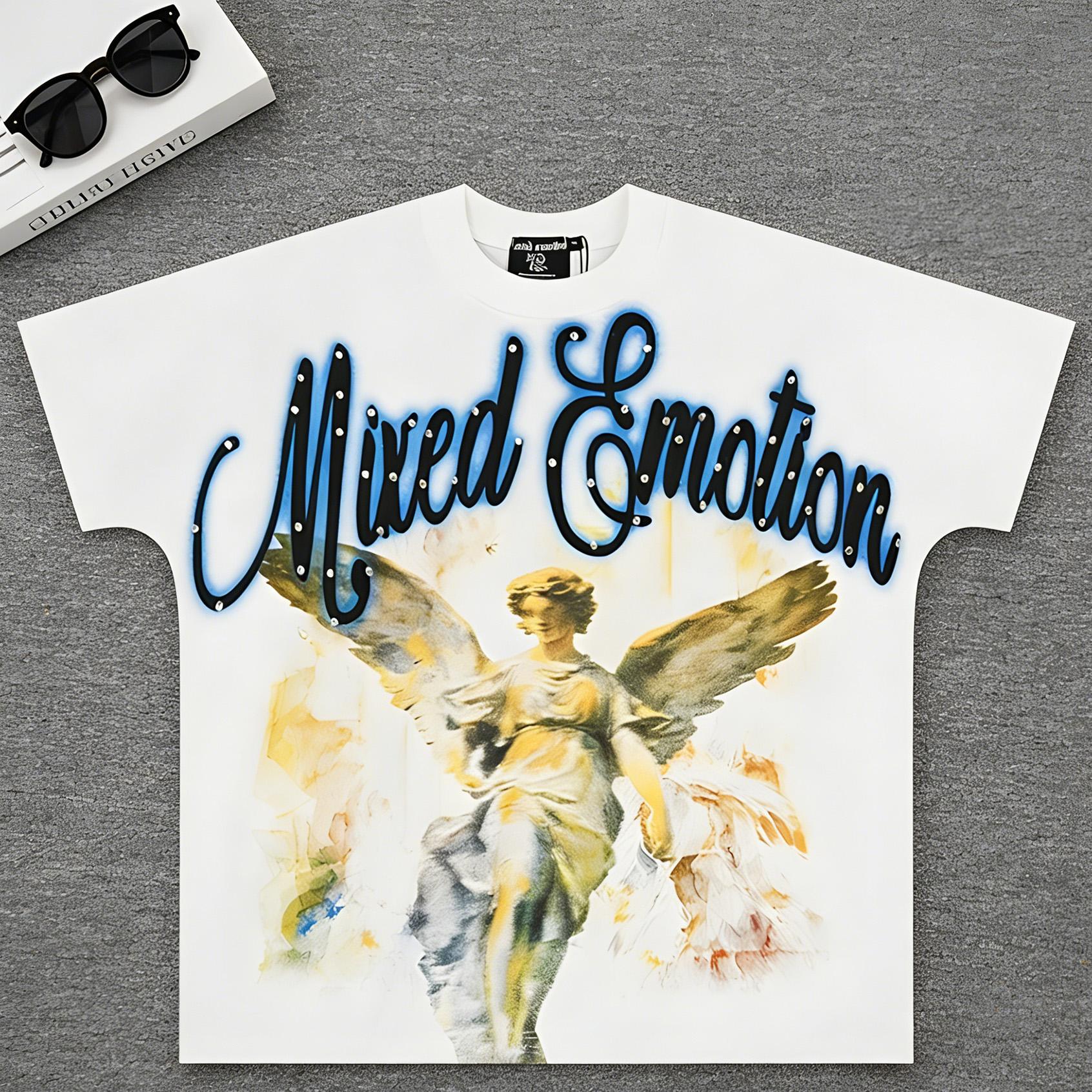 Mixed Emotion Mens Diamond Angel Print T Shirt Summer Streetwear Top Round Neck Short Sleeve Graphic Tee TikTok Viral Trend Y2K Aesthetic Hip Hop Urban Street Outfit Oversized Unisex Casual Summer Fashion Top