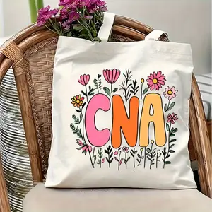 [Durable CNA Tote Bag] Durable Machine-Washable CNA Floral Tote Bag - Beige Nursing Assistant Gift with Colorful Flower Design, Open Top Work Bag for Healthcare Professionals, Everyday Carryall, Vibrant Accessory, Spacious Interior