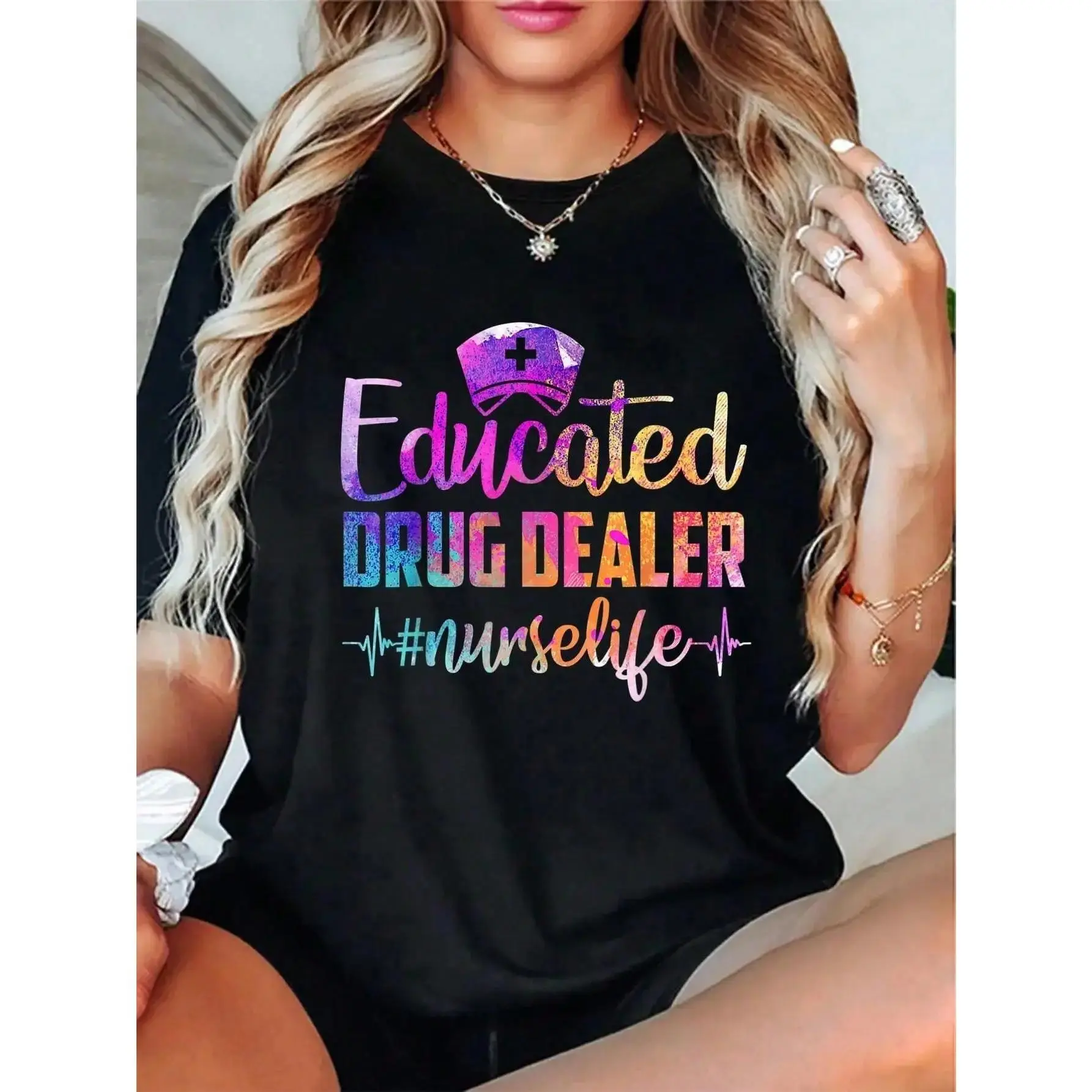 Cotton Educated Drug Dealer Nurse Life Funny Nurse Heart Beat T-Shirt