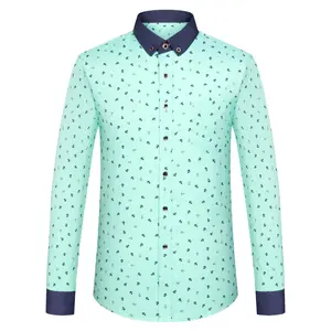 Men's Anchor Print Contrast Collar Hawaiian Shirt with Pocket Spring Summer Thin Casual Long Sleeve Button Down Beach Shirts