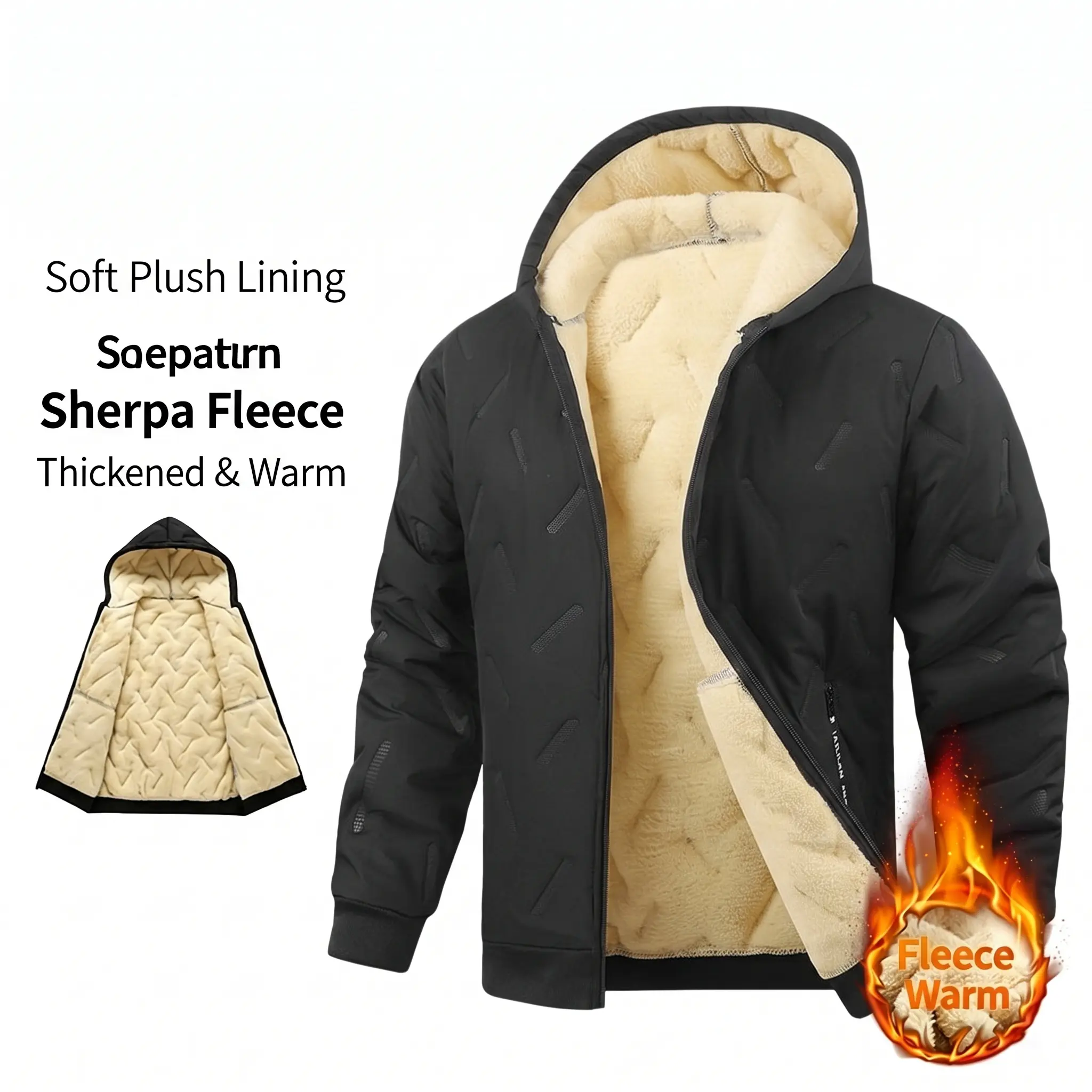 Men’s winter hooded fleece jacket, solid color design with plush down lining, thick warm windproof winter jacket, plus size with zipper, casual everyday outerwear.