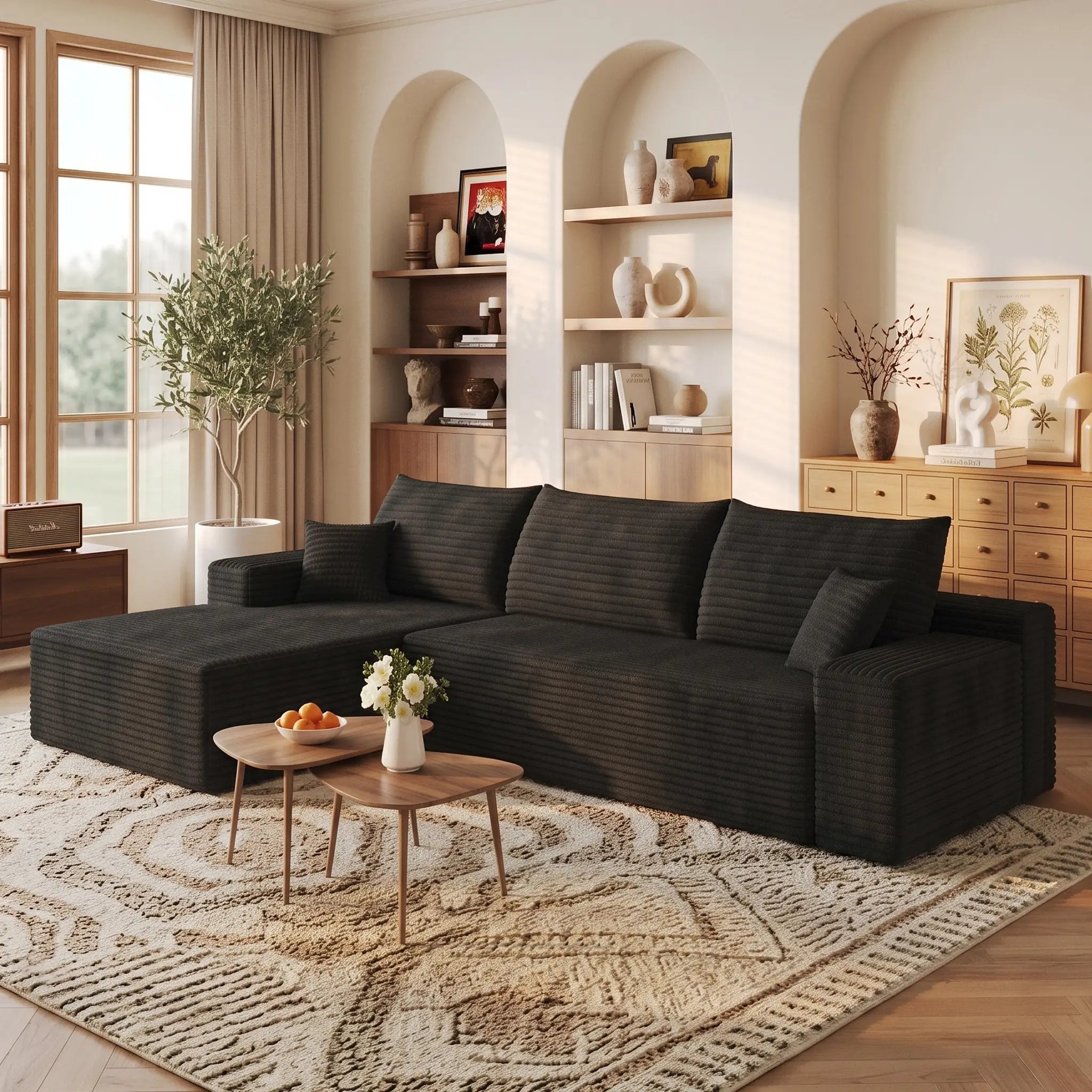 【2 Packages Shipping】Eyisean 107" Corduroy L Shape Cloud Sofa with Chaise, Modular Sectional Couch with Deep Seat, No Assembly Required, Oversized Fluffy Plush Boneless Couches for Living Room Apartment Bedroom