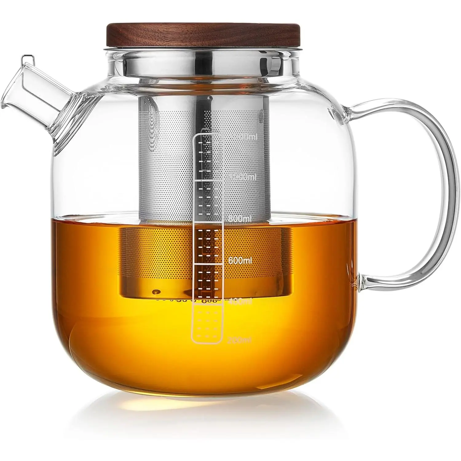 40oz Borosilicate Glass Teapot - Glass Body, Stainless Steel Infuser, Anti-Drip Spout, Wooden Lid, White Markings, Removable Filter - Herbal Tea Brewer for Tea Enthusiasts (Great for Anniversaries, Birthdays, Christmas), Loose Leaf Brewer