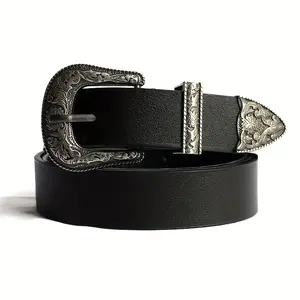 1Pc, Western Flower Pattern Flower Buckle Belt, Bohemian Style Retro Jeans Belt PU Belt For Women, Great.