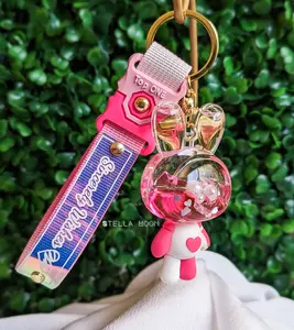 Heart Bunny Liquid Keychain, White & Pink Bunny Rabbit Key Ring Accessory, Kawaii Beat Animal Fidget Shaker, Cute Anxiety Toy, Shiny Glitter cute keychain