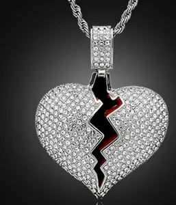 My Broken Heart Necklace Unisex Jewelry with Unique Heart Design and Red Accent Silver Plated Rhinestone Pendant 4.4cm Chain 22 Inches Gold Plated Sparkling Rhinestones