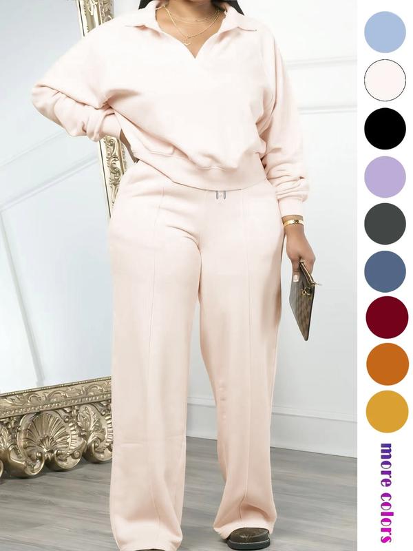 Women's Solid Long Sleeve Sweatshirt & Drawstring Waist Pants Set, Casual Fashion Cozy Two-piece Outfit for Daily Outdoor Wear, Women's Clothes for All Seasons