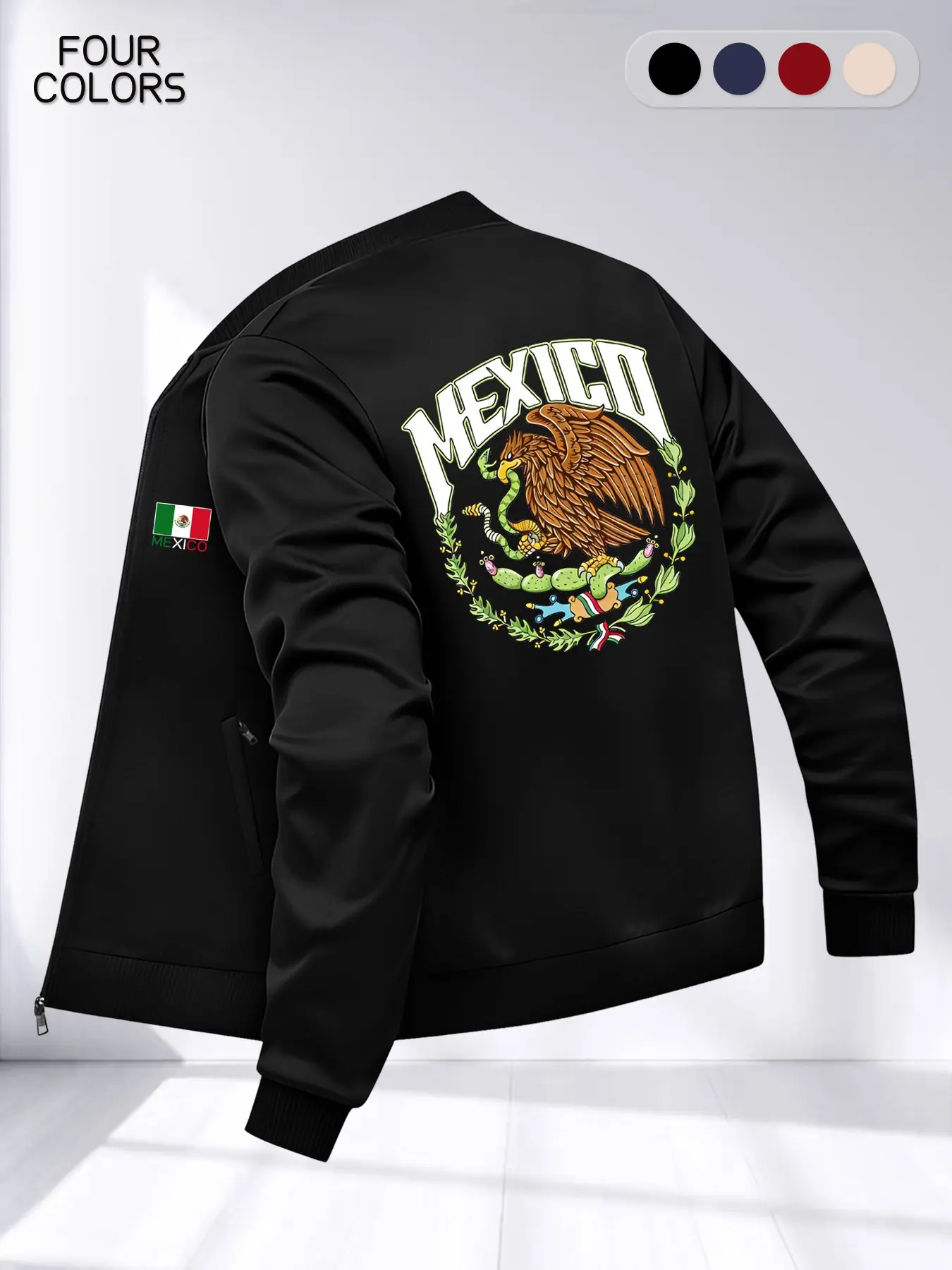 Men's Mexican Theme Graphic Letter Flag Print Pattern Casual Jacket, Casual Fashion Outerwear, Comfortable Zip-Up Coat, Fashion Casual Coats with Pockets for Everyday Wear, Long Sleeve Baseball Collar Design