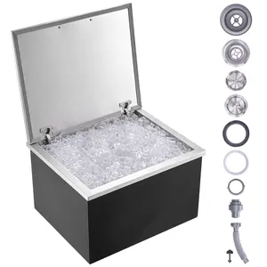 VEVOR Drop in Ice Chest,  28"L x 16"W x 17"H Stainless Steel Ice Cooler, Commercial Ice Bin with Hinged Cover, 40 qt Outdoor Kitchen Ice Bar, Drain-pipe and Drain Plug Included, for Cold Wine Beer