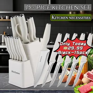 15pcs Professional kitchen knife (knife holder) with built-in wood tool grinder, dishwasher safe kitchen knife set with built-in wood tool grinder, stainless steel black knife holder set, kitchen tool gift for mom or dad Blade Block