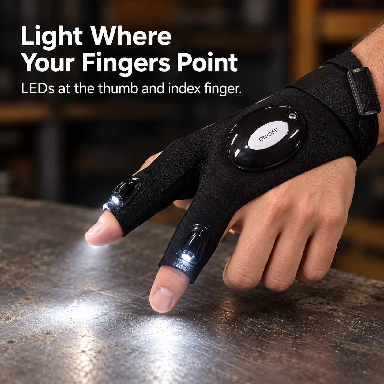 LED Flashlight Gloves for Men, Hands Free LED Work Gloves with Lights on Fingers, Adjustable Wrist Strap Flashlight Gloves for Auto Repair, Garage, Fishing, Camping.