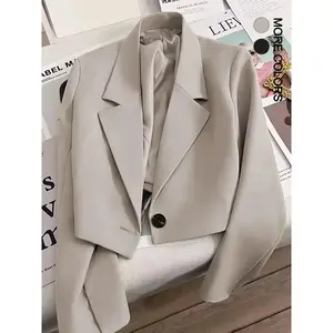 Women’s solid-color lapel blazer, casual long-sleeve outerwear for work/office/business, ladies’ clothing for fall and winter, buttoned lapel blazer