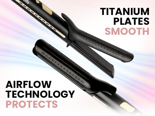 ELLA BELLA Hair Straightener & Curler 2 in 1, Airflow Flat Iron Curling Iron Combo with NST Plates, Air Curler & Straightener for Short and Long Hair, Smooth Glide Hair Styling Iron for Salon Results