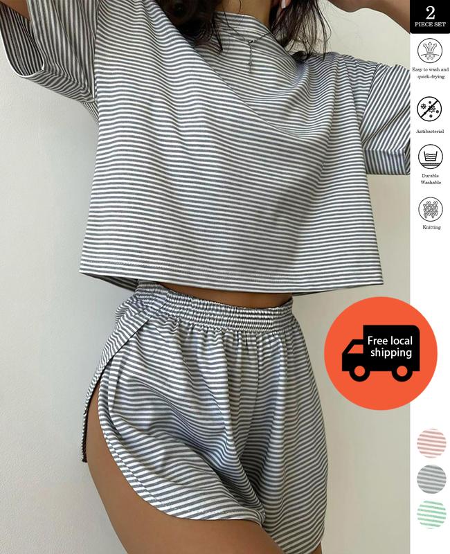 Two-piece set Simple Four Seasons Spring and Summer Contrast Stripes Casual Loose Knit Short Sleeves Tops Side Slits Shorts Home Clothes Set Suitable for Home Use Silk Satin Lace Pajama Set pajamas Striped Beach organic fabric