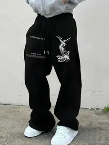 Men's Angel Wing Print Drawstring Waist Sweatpants, Regular Fit Casual Comfy Jogger Pants for Daily Wear, Men's Trousers for All Seasons