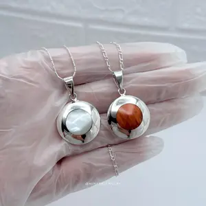 950 Silver PLATILLO Pendant - Reversible Saucer-Shaped Ornaments Natural Stone Double Stone Design Unique Decor - Only Pendant - NO CHAIN