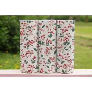 Berry Floral Skinny Tumbler 20oz, Watercolor Red Berries Stainless Steel Cup with Straw, Cottagecore Botanical Travel Mug