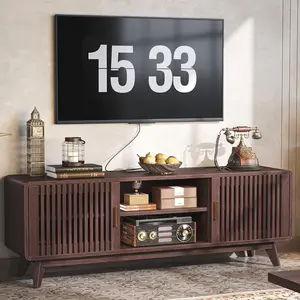 IRONCK 63'' TV Stand for TVs Up to 70", TV Console with 2 Sliding Doors in Grille Design and Charging Station, Mid Century Modern Entertainment Center with Storage for Living Room