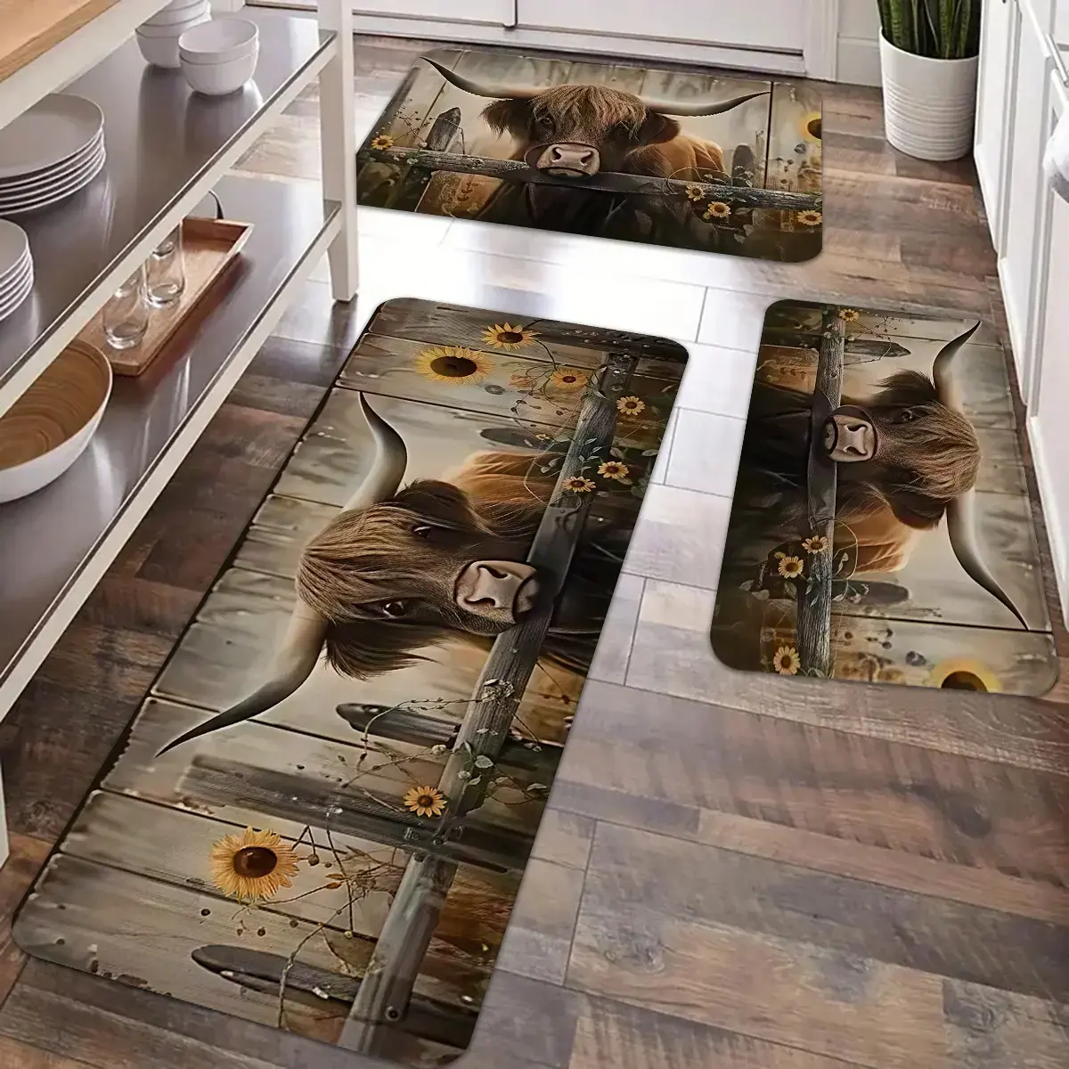 Kitchen anti slip carpet floor mat set, Kitchen Mats, retro highland cow pattern kitchen anti fatigue floor mat, flannel anti slip kitchen carpet floor mat
