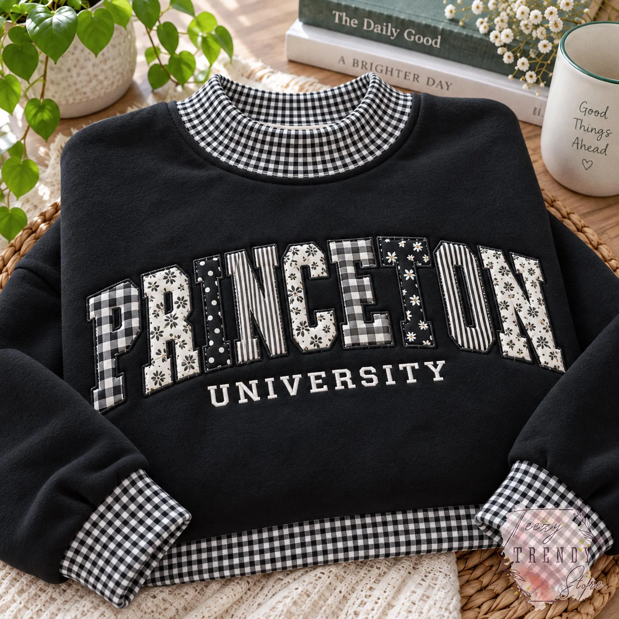 Embroidered Custom Varsity Applique Caro Gingham Sweatshirt, Personalized College Name Crewneck, Patchwork Embroidery Gift, Preppy Pullover