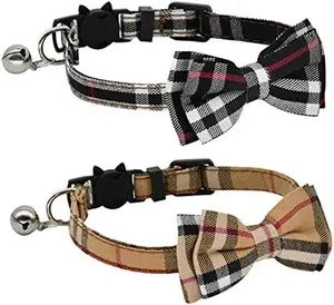 CHUKCHI 2 Pack/Set Cat Collar Breakaway with Cute Bow Tie and Bell for Kitty and Some Puppies, Adjustable from 7.8-10.5 Inch (Black+Brown)