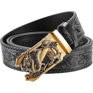 [Fathers Day Gift]Luxury Men's Belts Engraved Vintage Dragon Head Automatic Buckle Alloy, Leather Men Waist Strap, Slide Easier Adjustable Belt, Cut To Fit, Men Dress Casual Ratchet Belt men dress cinturón  ratchet Modern Men's Belt cheap belt logo print