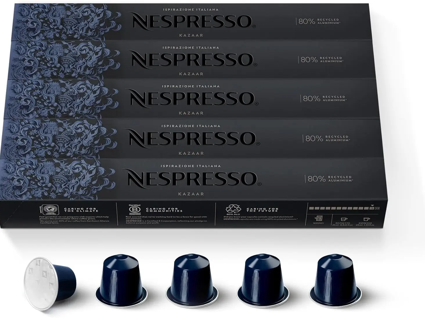 NESPRESSO Original Line Kazaar Dark Roast Espresso Coffee Capsules - 50 Count Pods, Low-Calorie, Low-Fat, with Milk, Chocolate, Caramel Notes, Ideal for Cupboard Storage