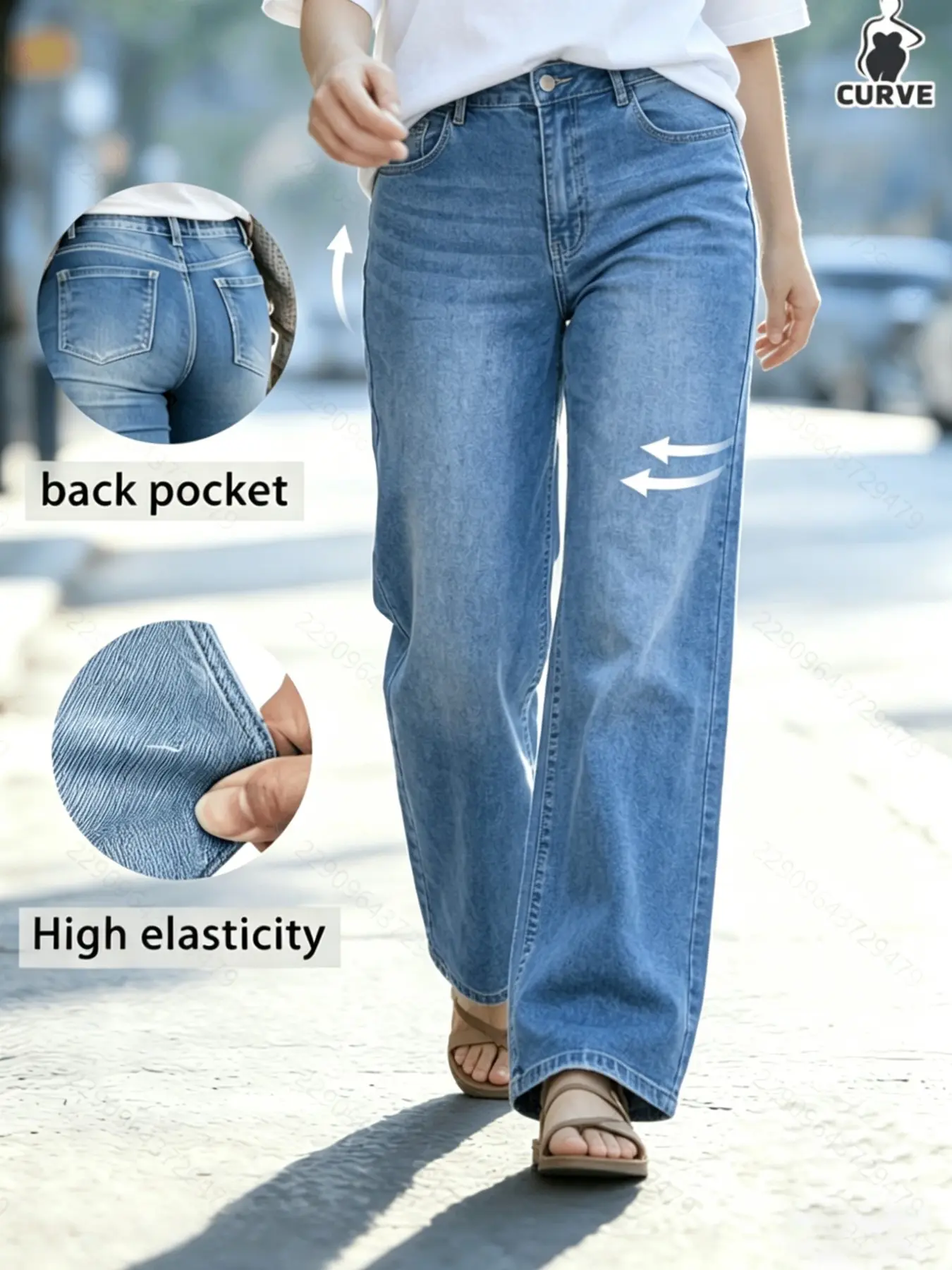 Women's Plus Size Light Wash Medium Blue Straight Leg Jeans, High Elastic Baggy Loose Bell Bottom Pants, Long Casual Streetwear Basic Soft Breathable Denim Trousers for All Seasons Womenswear