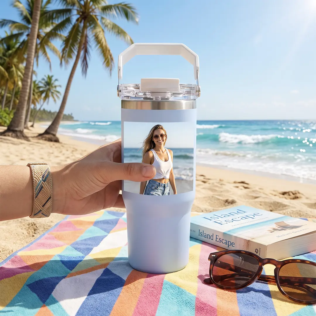Custom Photo 30oz Pastel Ombre Tumbler with Handle and 2-in-1 Lid, Personalized Picture Name Insulated Stainless Steel Cup with Straw