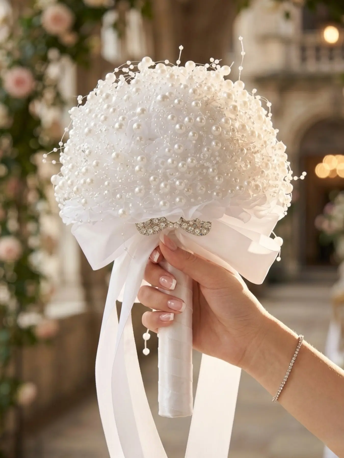 Gipsophila Pearl Bride Holding Flower Waterfall Tassel Pearl Wedding Flower bouquet with rhinestone Bow and satin ribbon, Artificial Decorative Flowers, Faux Flowers, simulation Bride throwing flower for wedding ceremony, bridal shower