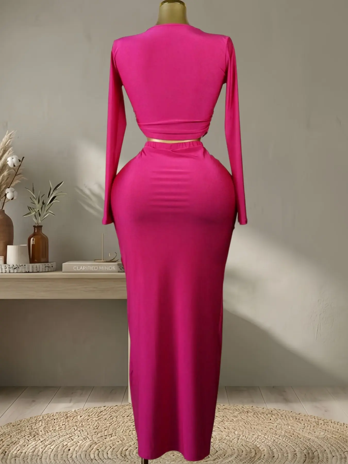 QFAF 2026 Women Hot Pink Two Piece, Ruffle Skirt Set for Women Long Sleeve Cropped Top QFAF 2026 Women Hot Pink Two Piece, Ruffle Skirt Set for Women Long Sleeve Cropped Top
