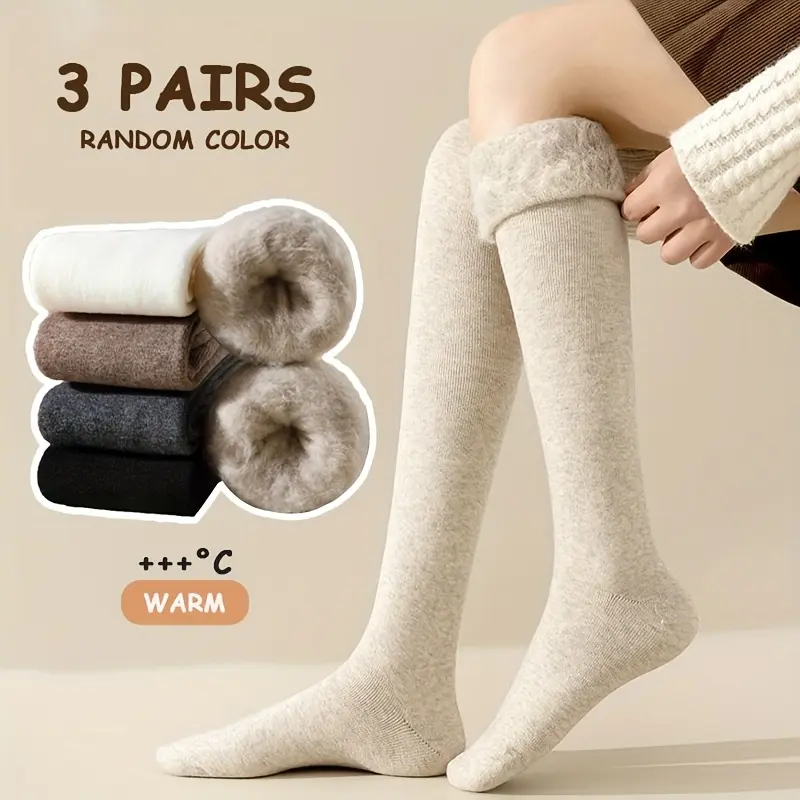 Lady's Minimalist Basic 3-Pairs Thigh High Socks, Heavy Duty French Terry Thermal Socks with Thick Insulation, Plush Interior, Ribbed Cuff, Extreme Cold Weather Leg Warmers (Random Beige/Black/Gray), One-Size