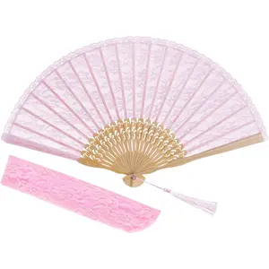 Lace Handheld Chinese Folding Fan Bamboo Silk Folding Fan for Women Wedding Decoration Dancing Party,Pink