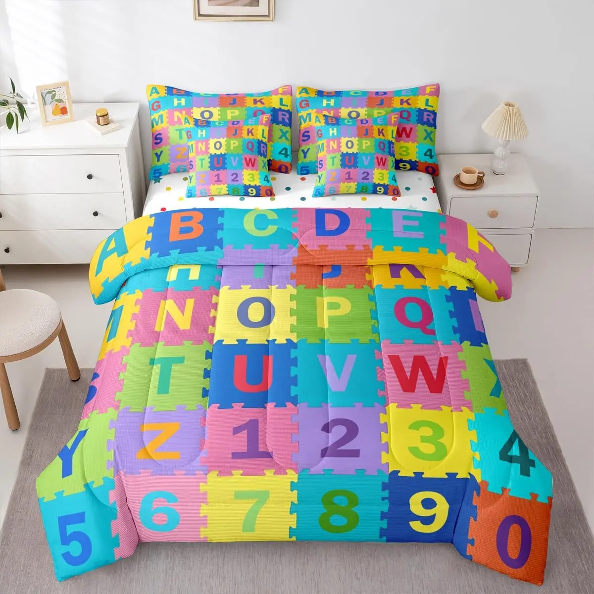 Kids Puzzle Alphabet Numbers Comforter Set with Sheets 7 Piece ABC Letters Bedding Set Educational Bed in a Bag English Learning Room Decor