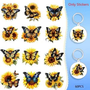 Sunflower & Butterfly Pattern Keychain Sticker, 5 Counts/set Waterproof Pattern Keychain Decoration, Easy To Use Keychain Sticker for Acrylic Keychain