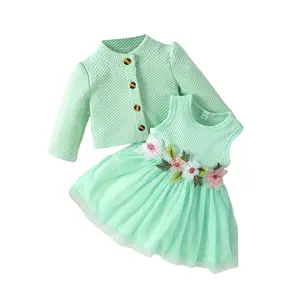 Baby Girl Fall Outfit Long Sleeve Cardigan Coat with Flower Embroidery Tulle Tank Dress 2pcs Set for Outdoor Cute Cotton Blend QG 1711184