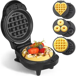 Mini Waffles Maker with 6 Removable Plates, 3 in 1 Small Waffle Maker Mini- Waffle, Heart Waffle, Donut, 4.5" Non Stick Waffle Iron for  and Families, Black