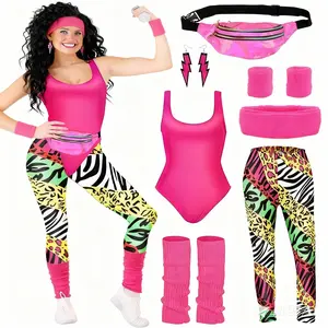 80s Women's Retro Sports Set, Perfect for Parties and Festivals, Includes Bodysuit, Leggings, Headband, Wrist Guards, Leg Warmers, Earrings, Waist Bag