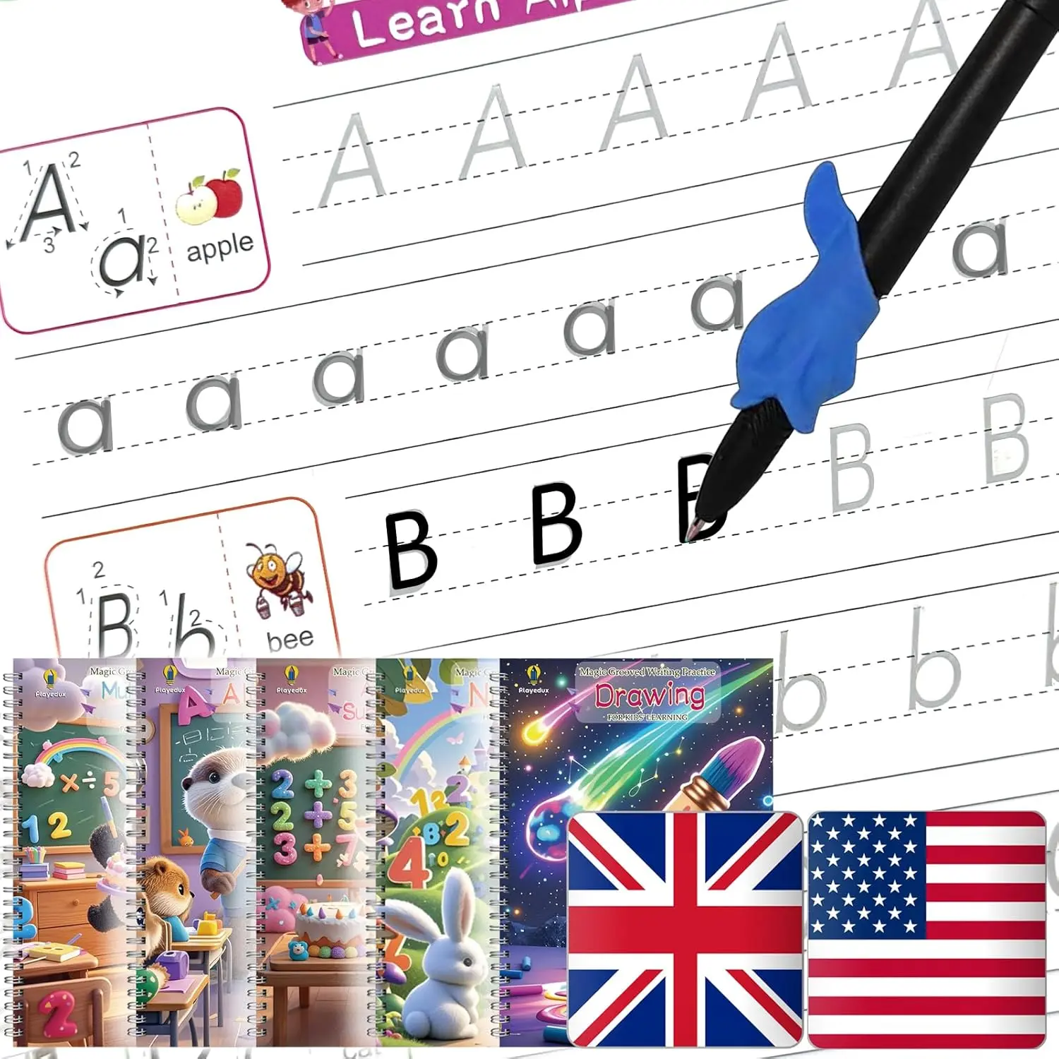 Magic Trace Trek Writing Practice for  - 5 English Grooved Workbooks,   Tracing Practice Book, Handwriting Without Tears, Disappearing Pen Refill (English Pack of 5, Large)