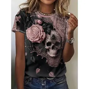 Women's Gothic Chic Skull & Floral Print Tee - Casual Short Sleeve, Round Neck, 3D Graphic T-Shirt in Black with Pink & White Design, Polyester, Machine Washable