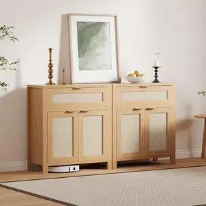 Rattan Sideboard Buffet Cabinet Farmhouse Natural Storage Accent Cabinets with Drawer and Adjustable Shelf for Home Living Room Entryway Natural Oak