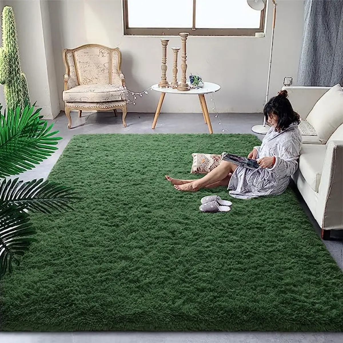 Fluffy Area Rug for Living Room Bedroom, 4'x6' Soft Modern Indoor Plush Dark Green Rugs, Non-Slip High Pile Shaggy Carpets for Girls Kids Bedroom, Fluffy Faux Fur Rugs for Bedroom Home Decor