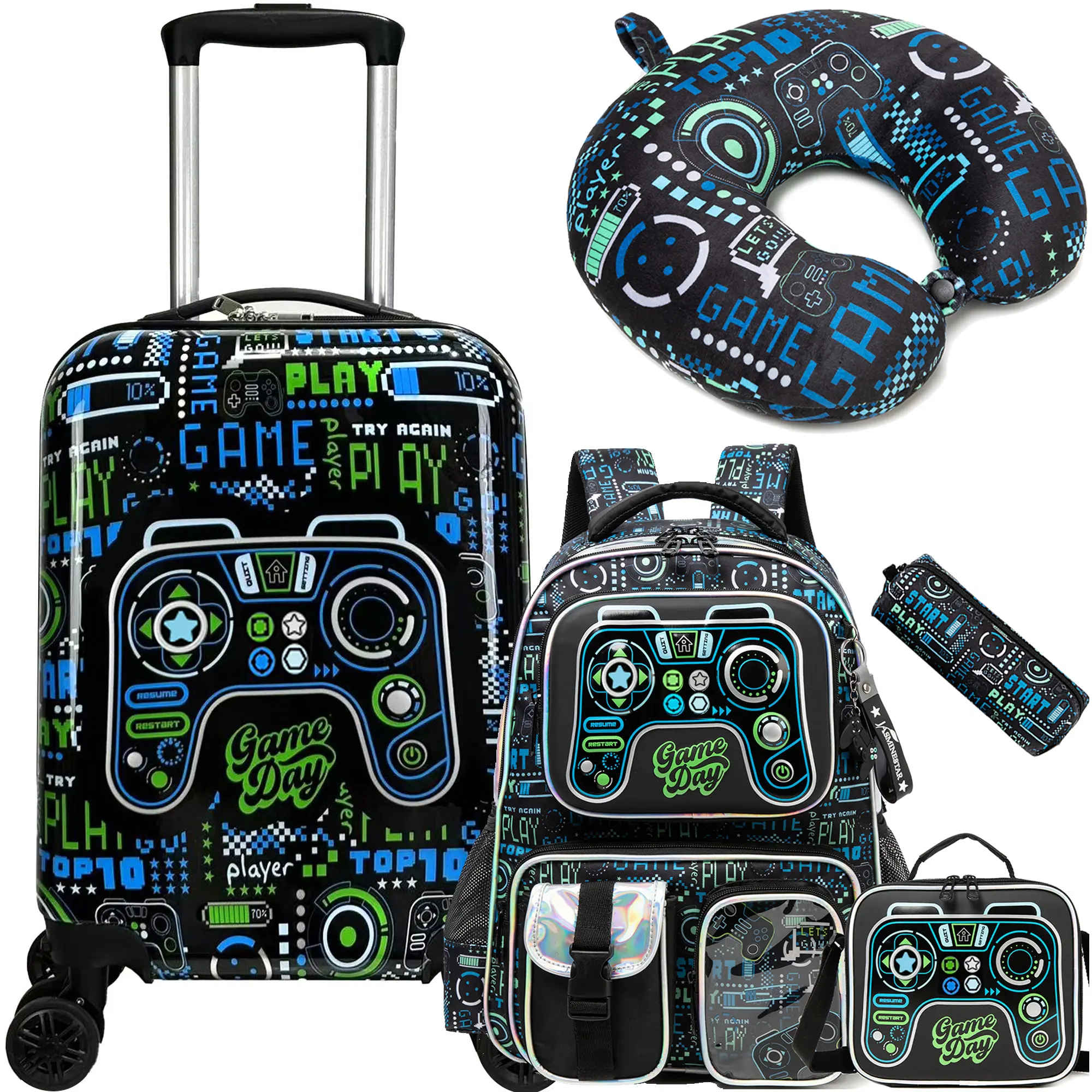 Kids' 6-in-1 Luggage Playset, Gaming-Themed Controller Print Rolling Suitcase with Lunch Box & Accessories, Child-Friendly Luggage for Travel & Back to School, Back To School Haul, Zip, Spinner Wheels, Trolley Bag, Chic, Smooth Zipper, Boy, Hand Wash Only