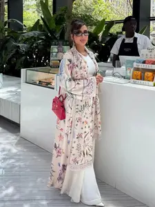 Muslim Women's Abaya Set with Hijab, Elegant Simple Floral Print Long Robe Jacket, Casual Party Beachwear, All Seasons Wear