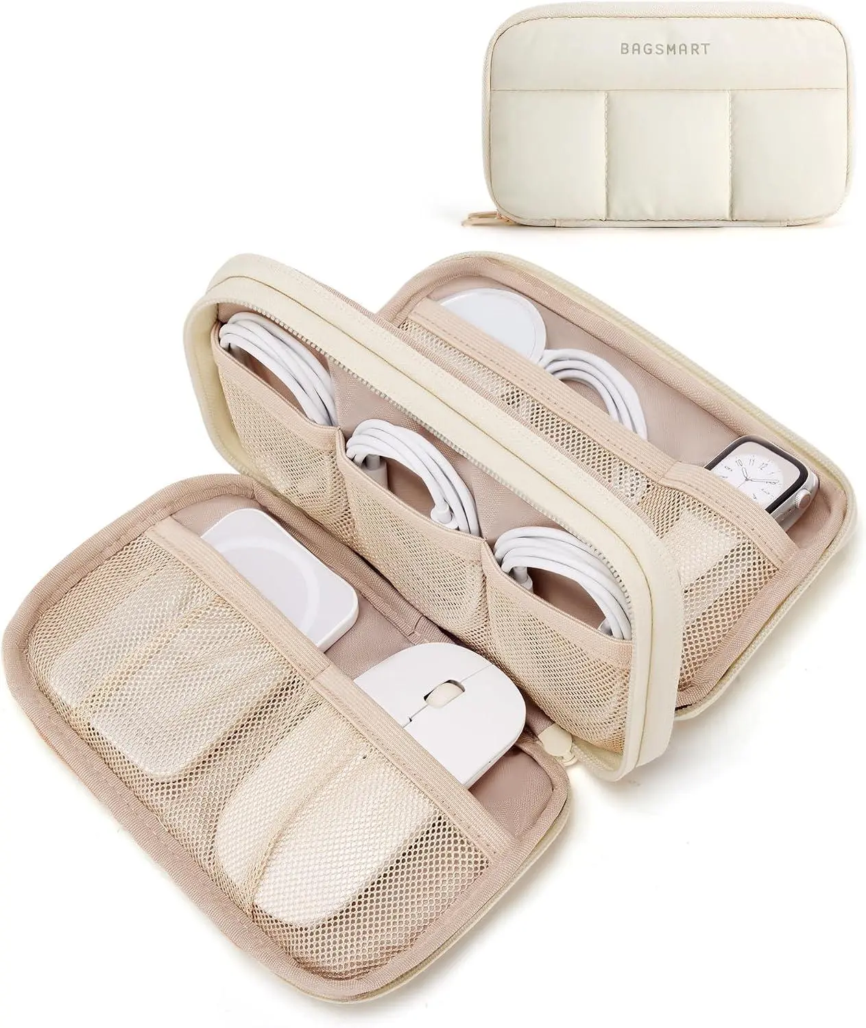 Stay organized on-the-go with the BAGSMART Electronics Organizer! This stylish beige travel case keeps your cords, chargers, and tech essentials neatly packed. Compact and padded for protection, it's the perfect pouch for all your electronic accessories!